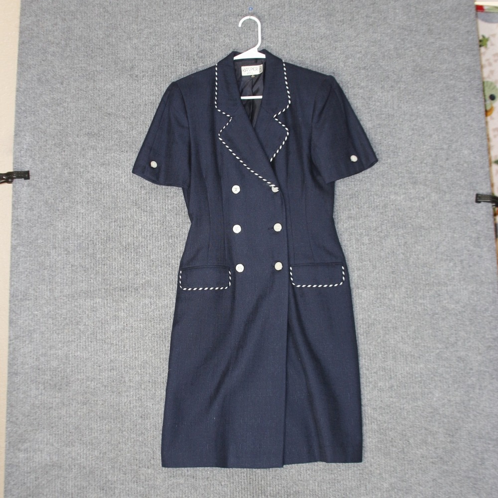 Vintage Kasper ASL Dress Women 8 Blue Double Breasted Short Sleeve Contrast Trim